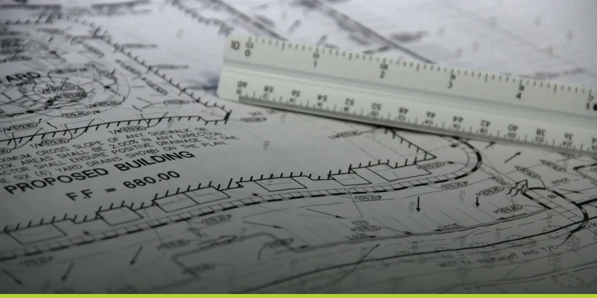 Engineering site drawings for an energy project with a scale ruler resting on them